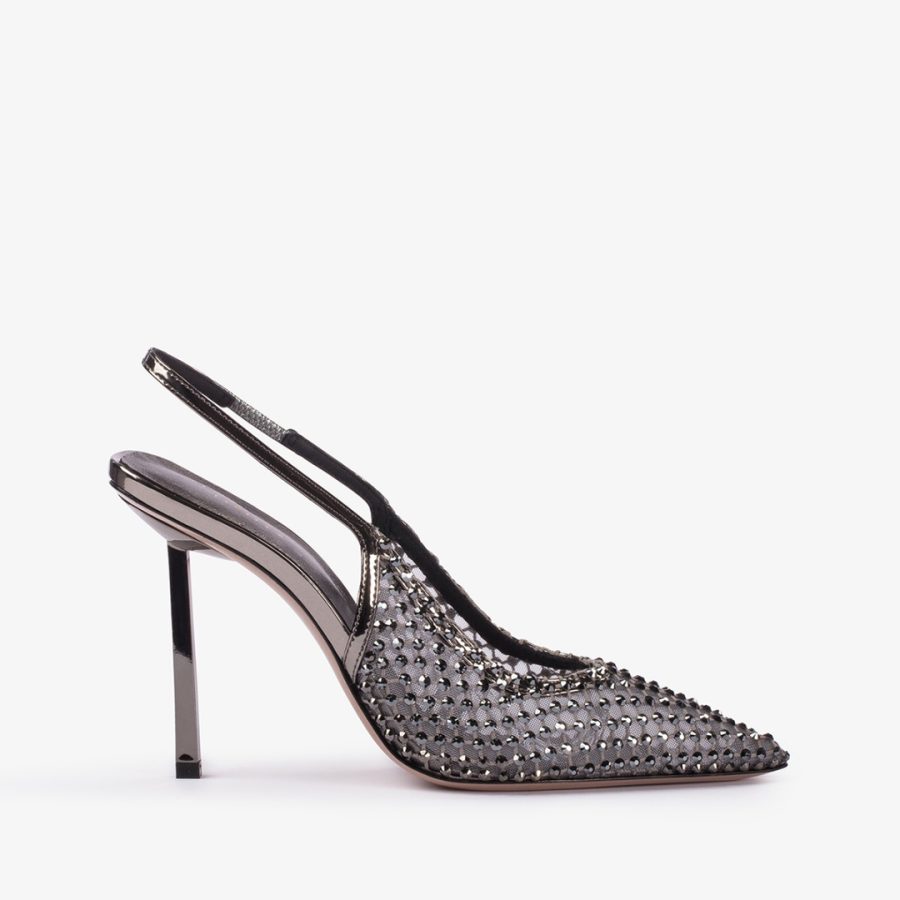 GILDA SLINGBACK 100 mm-Pewter fishnet slingback with Crystals