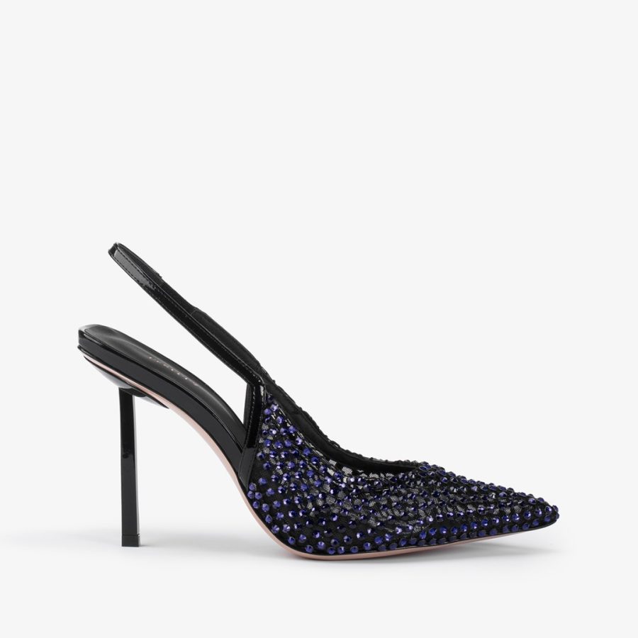 GILDA SLINGBACK 100 mm-Midnight blue fishnet slingback with Crystals