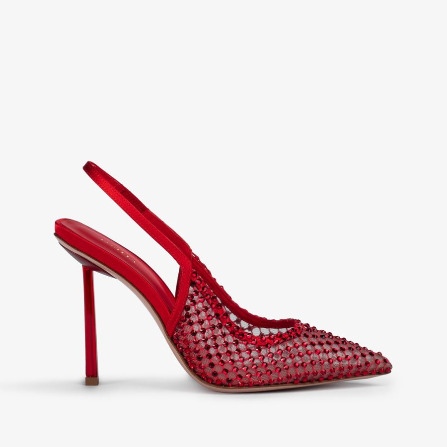 GILDA SLINGBACK 100 mm-Red fishnet slingback with Crystals