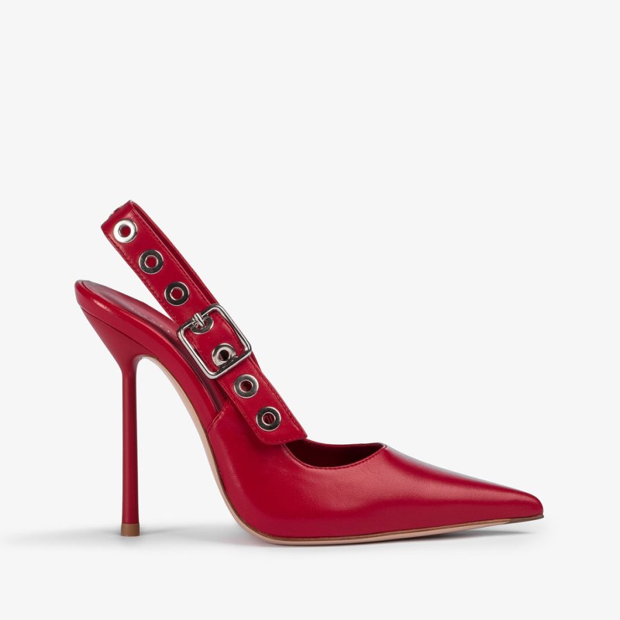 COURTNEY SLINGBACK 120 mm-Red leather slingback with silver eyelets