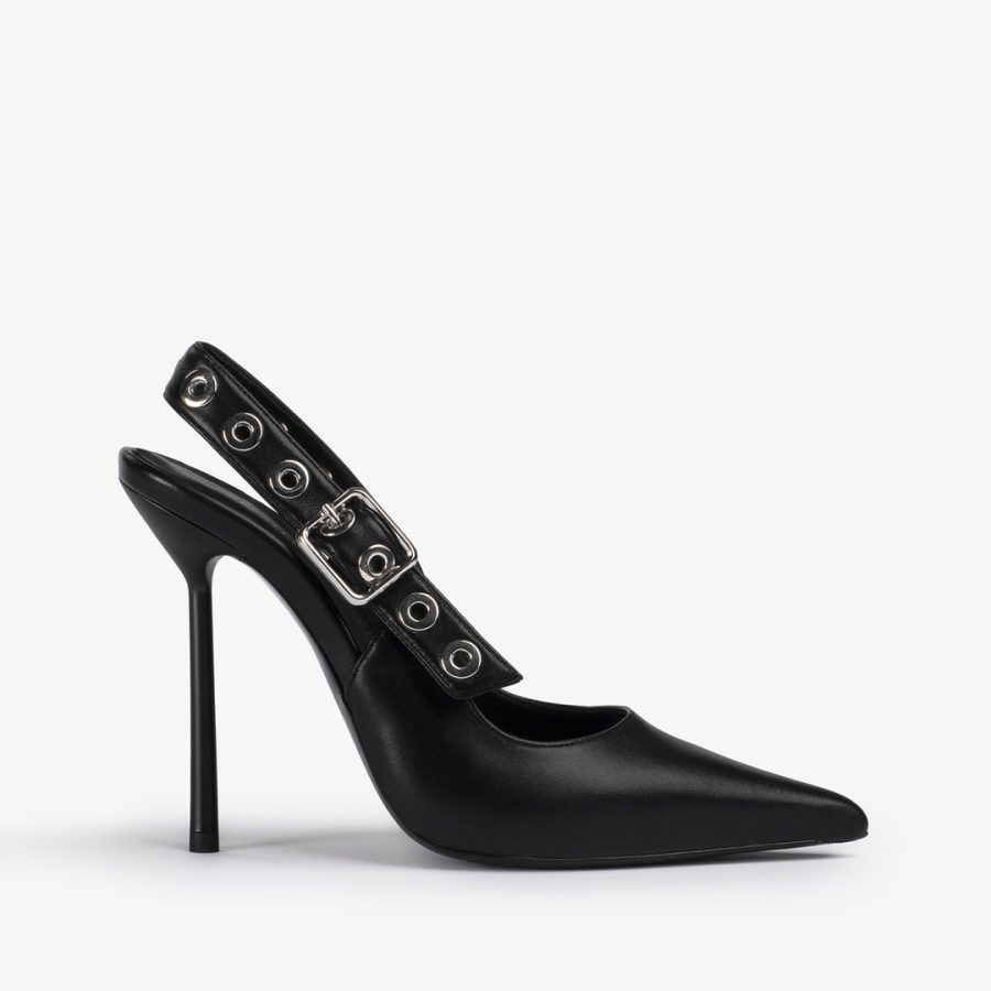 COURTNEY SLINGBACK 120 mm-Black leather slingback with silver eyelets