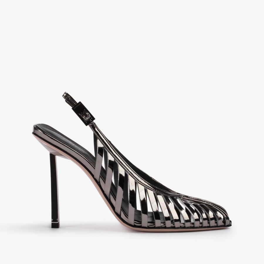 CAGE SLINGBACK 100 mm-Pewter metallic slingback with straps