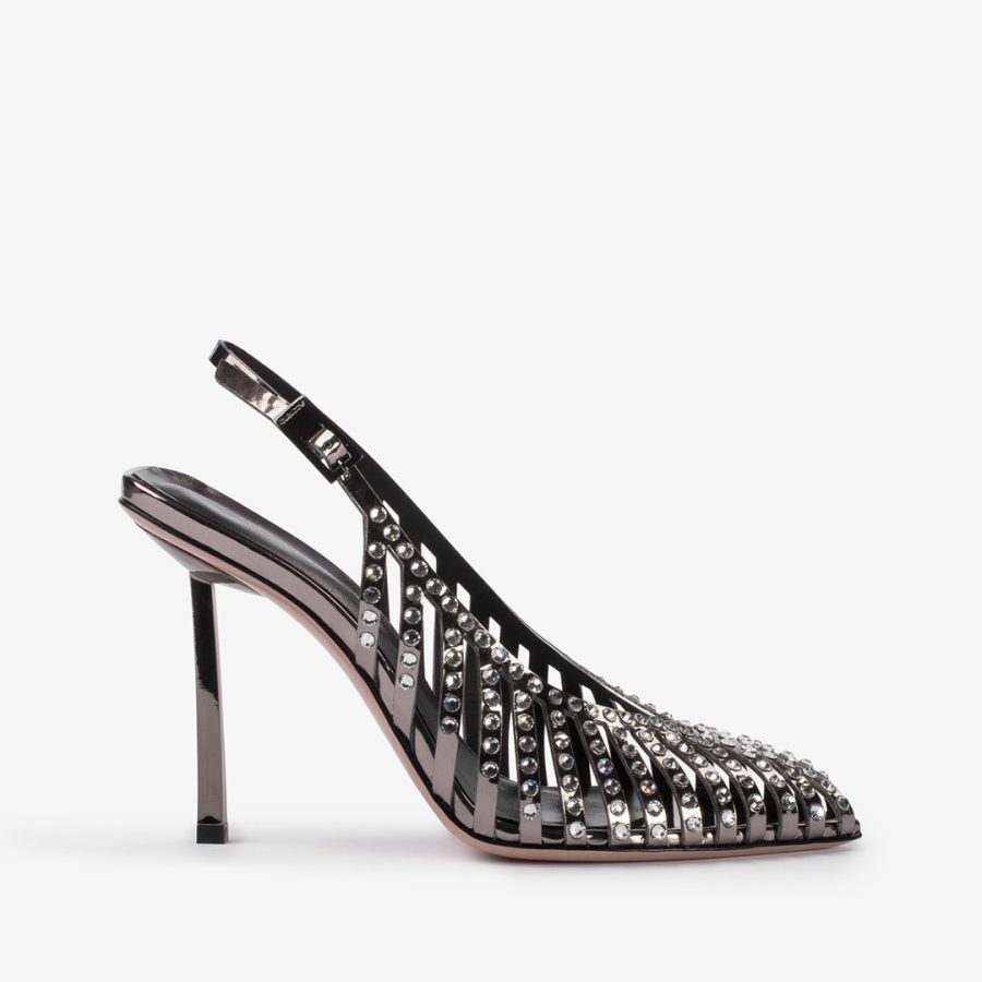 CAGE SLINGBACK 100 mm-Pewter metallic slingback with straps and Crystals