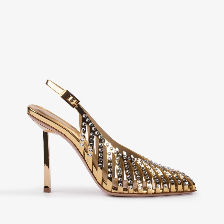 CAGE SLINGBACK 100 mm-Nugget gold metallic slingback with straps and Crystals