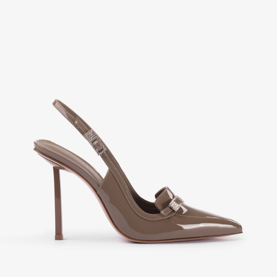 MORGANA SLINGBACK 100 mm-Sesame grey patent leather loafer slingback