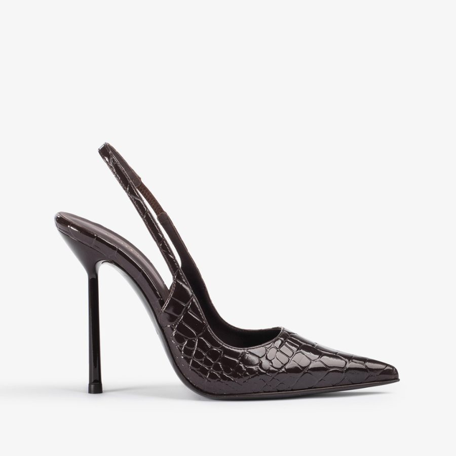 BELLA SLINGBACK 120 mm-Dark chocolate brown crocodile print slingback