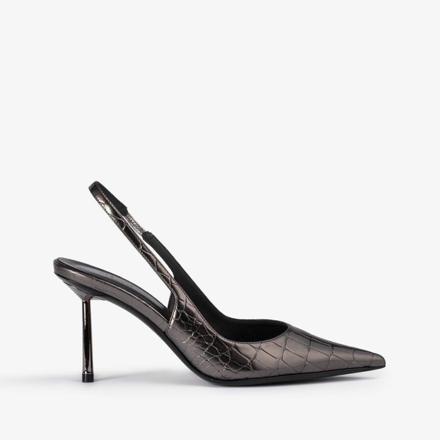 BELLA SLINGBACK 80 mm-Pewter metallic crocodile print slingback