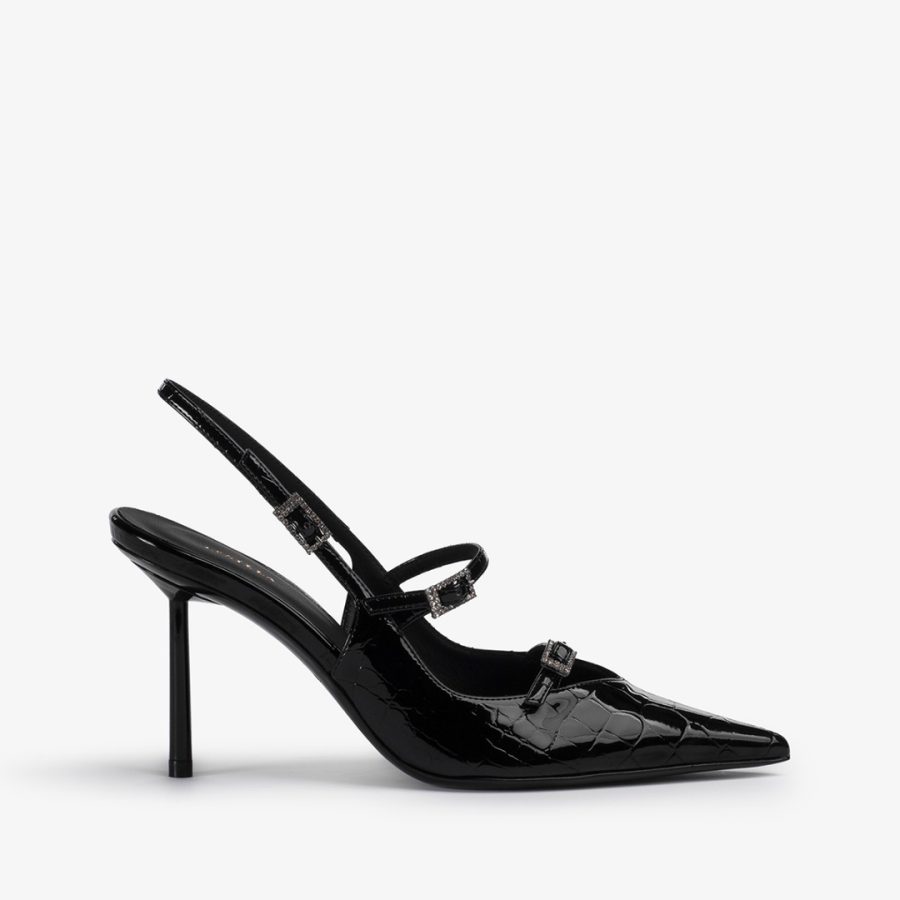 MORGANA SLINGBACK 80 mm-Black crocodile print slingback with straps