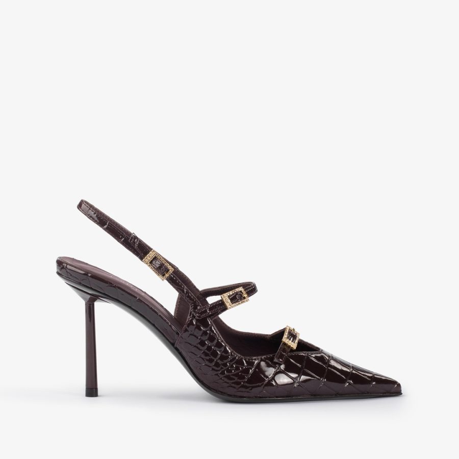 MORGANA SLINGBACK 80 mm-Dark chocolate brown crocodile print slingback with straps