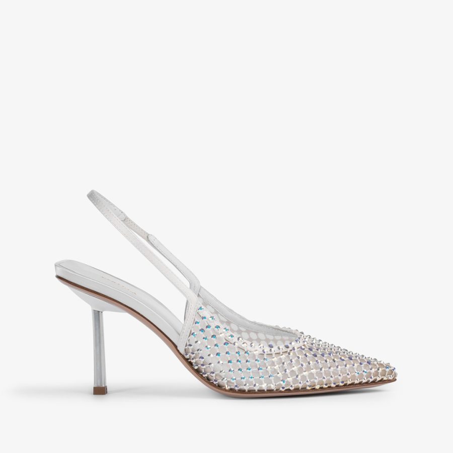 GILDA SLINGBACK 80 mm-Paper white fishnet slingback with Crystals