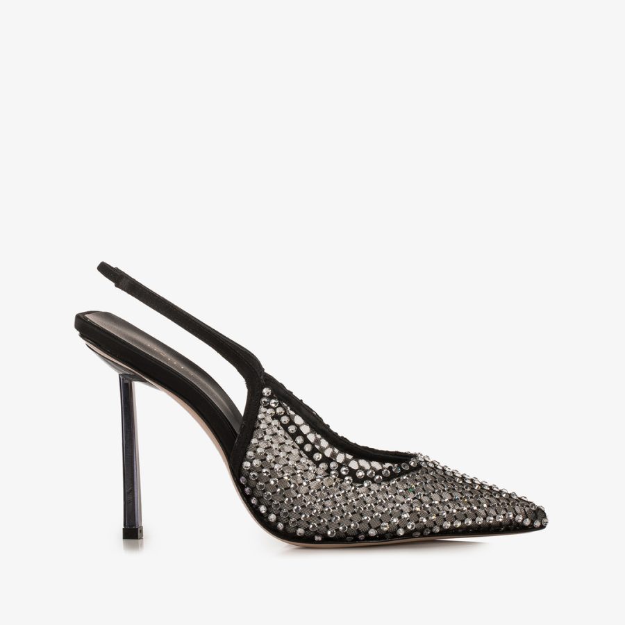 GILDA SLINGBACK 100 mm-Black fishnet slingback with Crystals