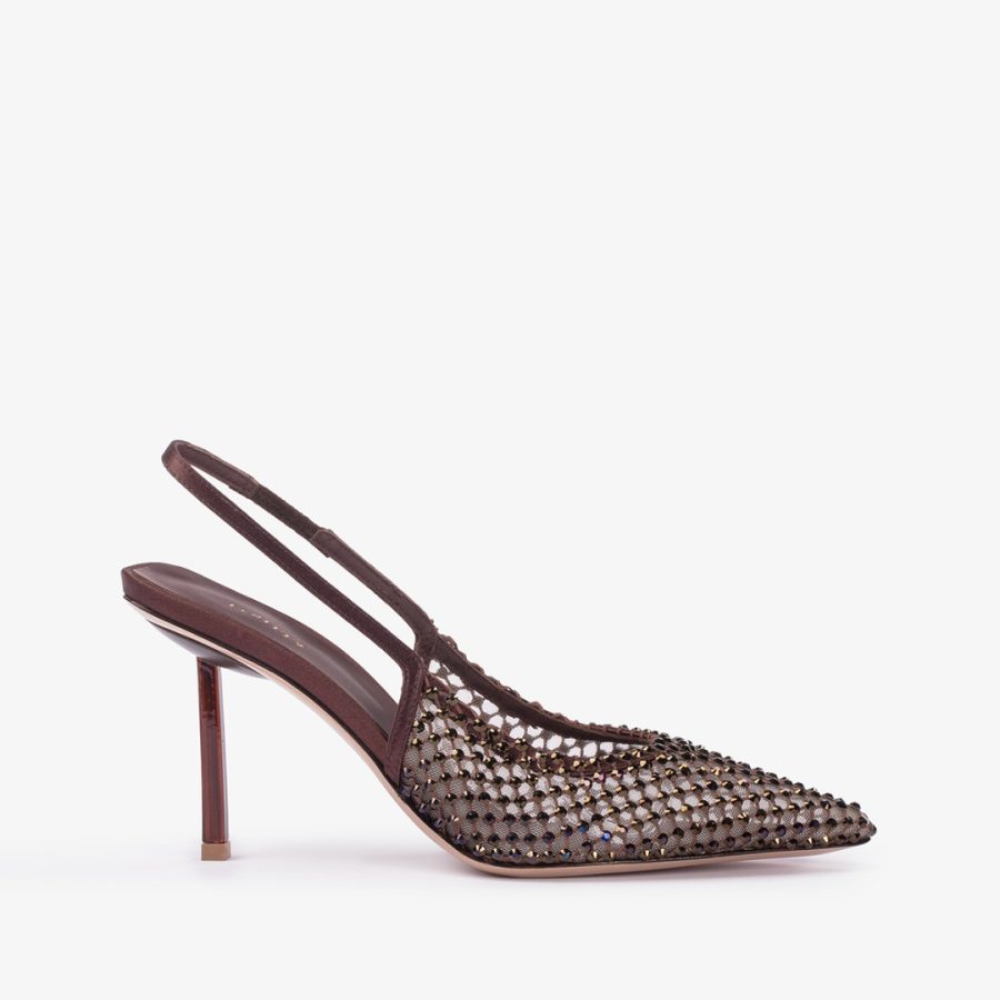 GILDA SLINGBACK 80 mm-Dark chocolate brown fishnet slingback with Crystals