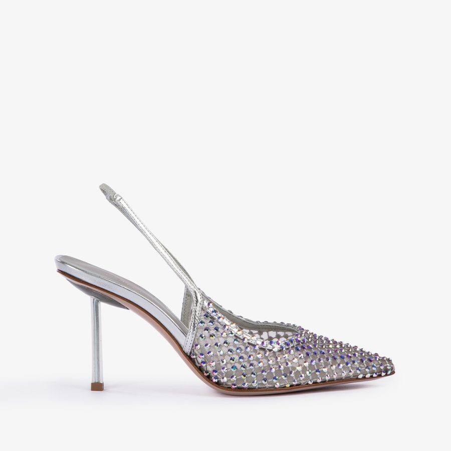 GILDA SLINGBACK 80 mm-Eclipse silver fishnet slingback with Crystals