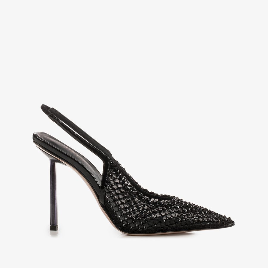 GILDA SLINGBACK 100 mm-Jet black fishnet slingback with Crystals