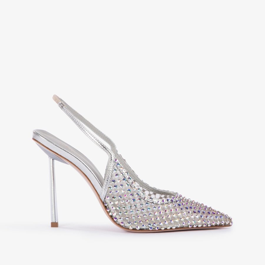 GILDA SLINGBACK 100 mm-Eclipse silver fishnet slingback with Crystals