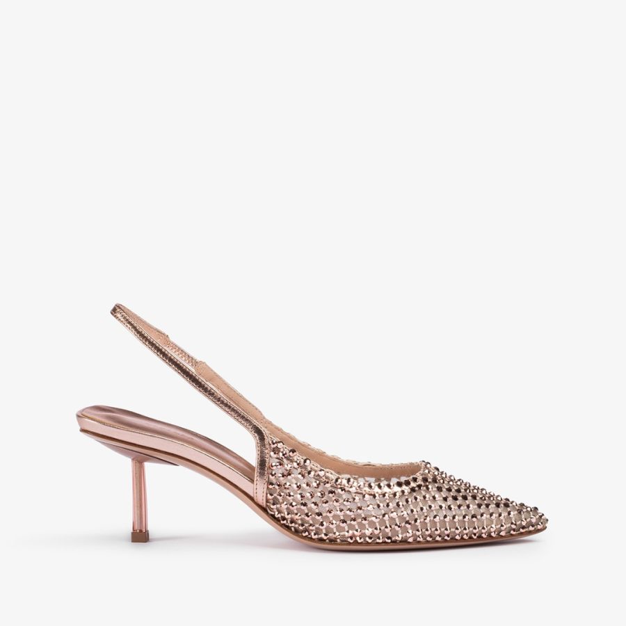 GILDA SLINGBACK 60 mm-Gold pink fishnet slingback with Crystals