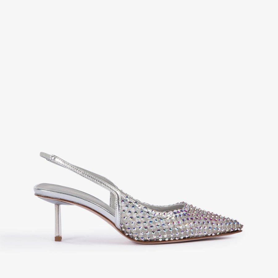 GILDA SLINGBACK 60 mm-Eclipse silver fishnet slingback with Crystals