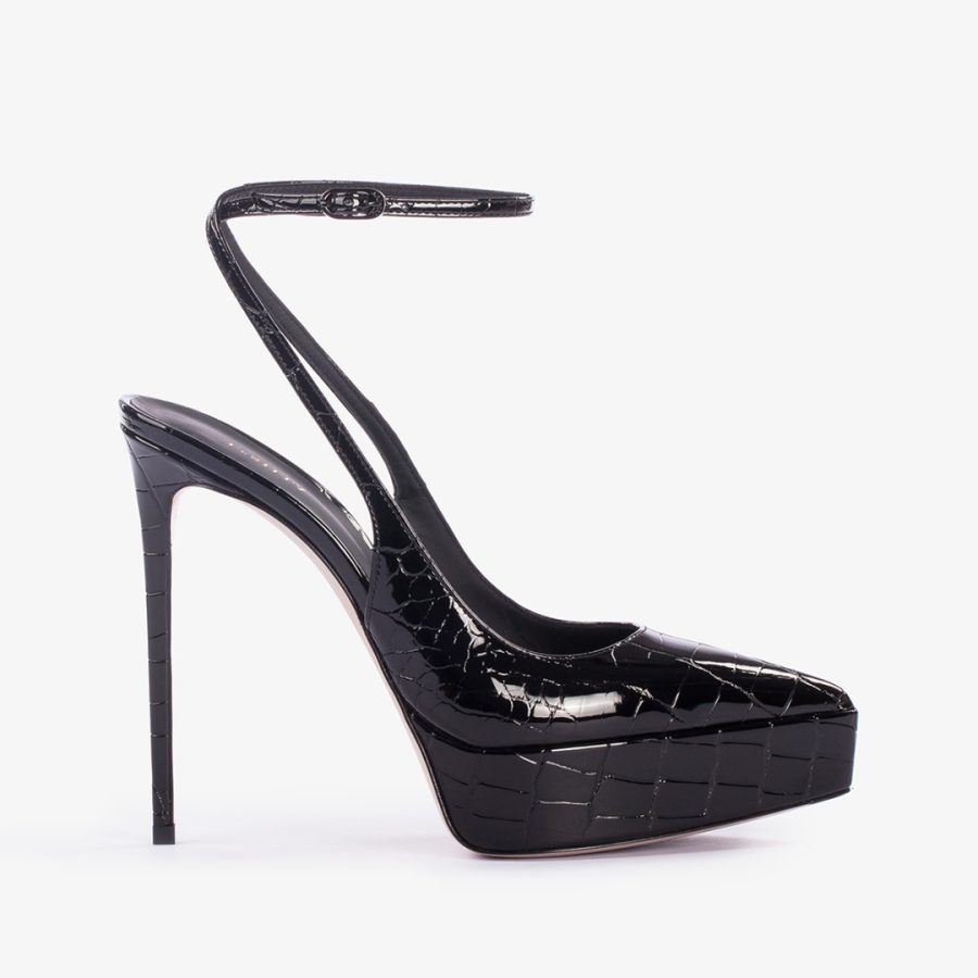 UMA SLINGBACK 140 mm-Black crocodile print platform slingback