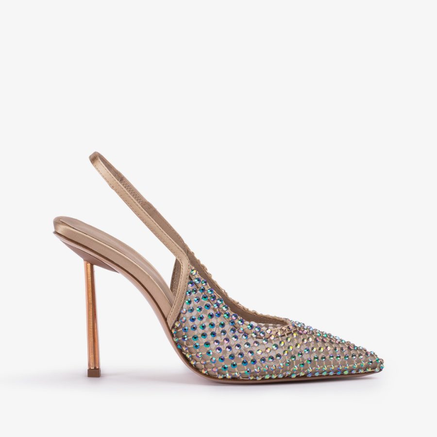 GILDA SLINGBACK 100 mm-Gold fishnet slingback with iridescent Crystals