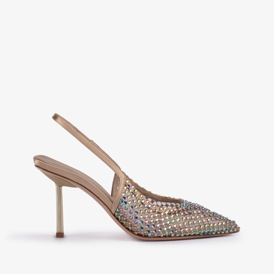 GILDA SLINGBACK 80 mm-Gold fishnet slingback with iridescent Crystals