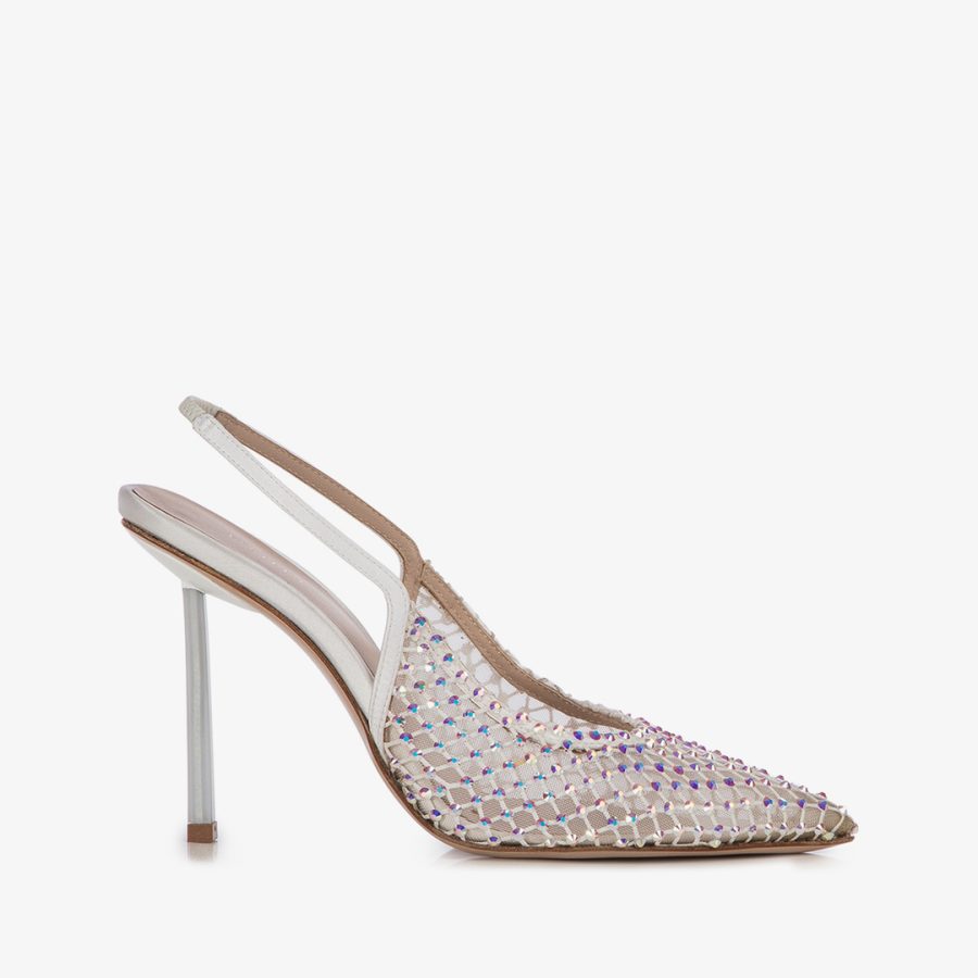 GILDA SLINGBACK 100 mm-White fishnet slingback with Crystals