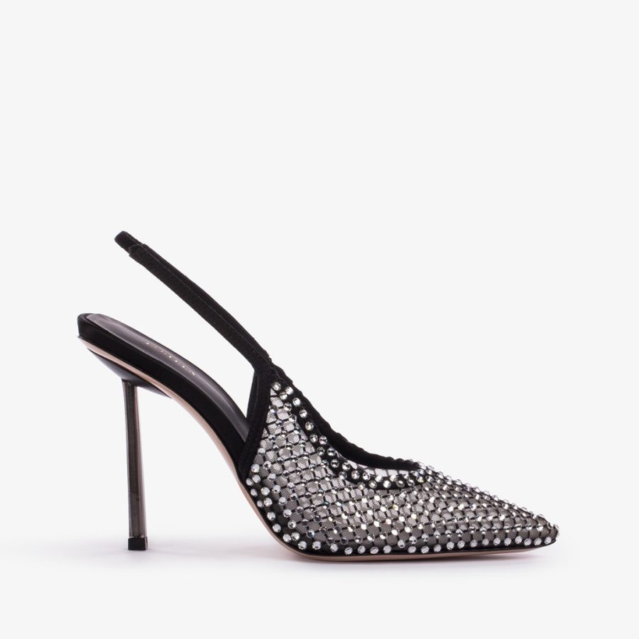 GILDA SLINGBACK 100 mm-Black fishnet slingback with silver Crystals