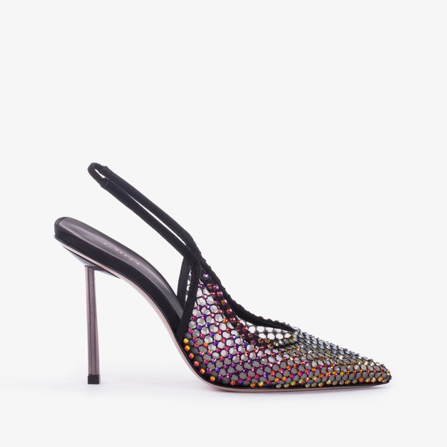 GILDA SLINGBACK 100 mm-Black fishnet slingback with iridescent Crystals