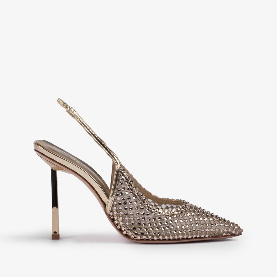 GILDA SLINGBACK 100 mm-Platinum fishnet slingback with Crystals