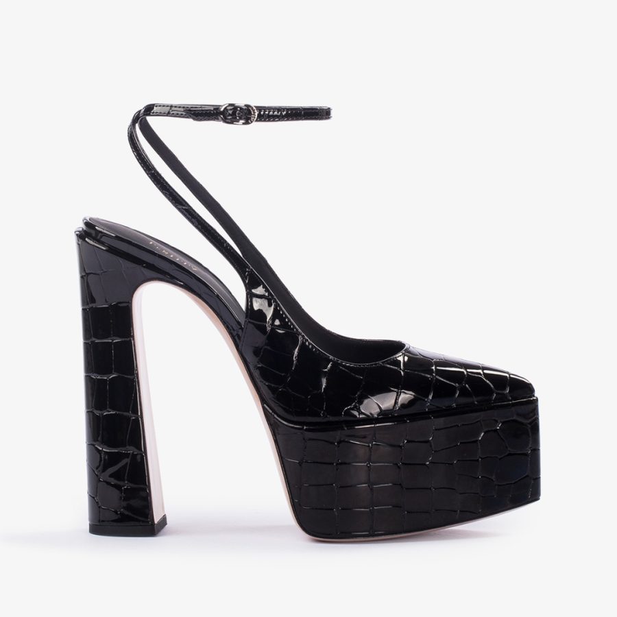 NINA SLINGBACK 170 mm-Black crocodile print platform slingback