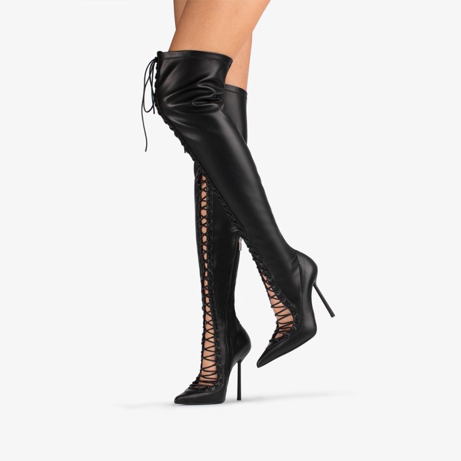 COLETTE THIGH-HIGH BOOT 120 mm-Black stretch vegan leather lace-up over-the-knee boot - Image 10