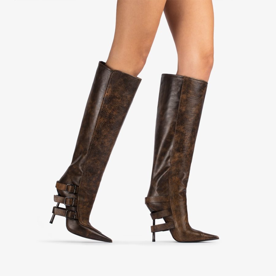 COURTNEY BOOT 120 mm-Brown vintage effect leather knee boot with buckles - Image 10