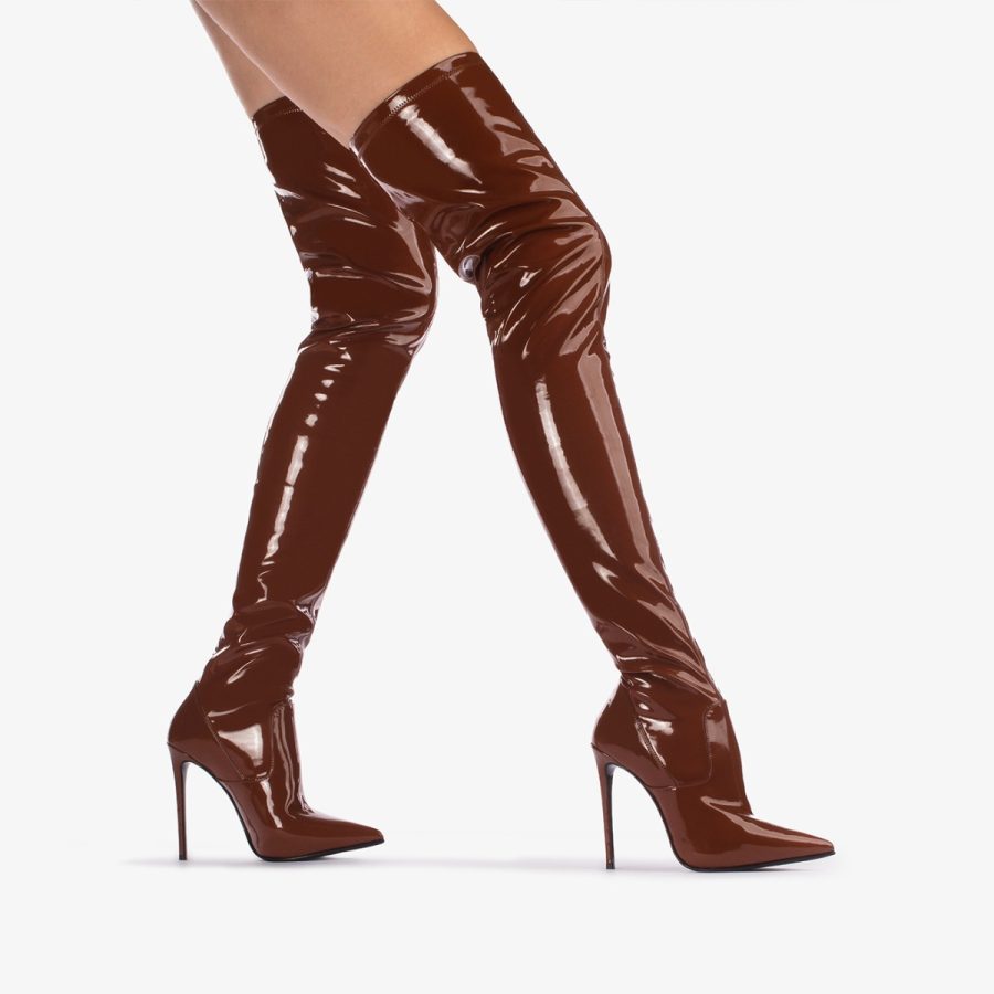 EVA THIGH-HIGH BOOT 120 mm-Brick brown stretch vinyl over-the-knee boot - Image 10