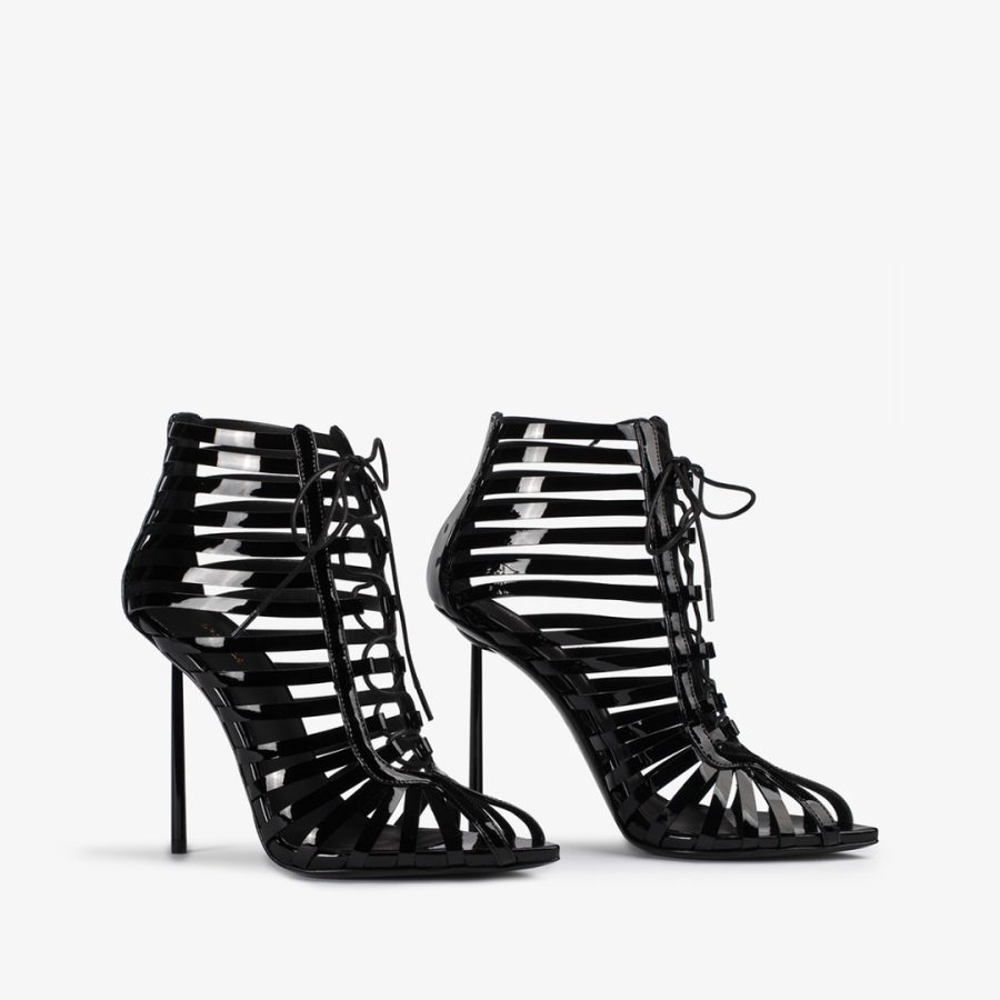 CAGE ANKLE BOOT 120 mm-Black patent leather gladiator ankle boot with straps - Image 2