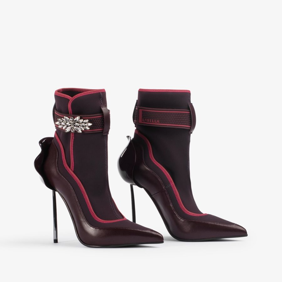 SNORKELING ANKLE BOOT 120 mm-Cherry red leather and fabric ankle boot with silver Crystals - Image 2