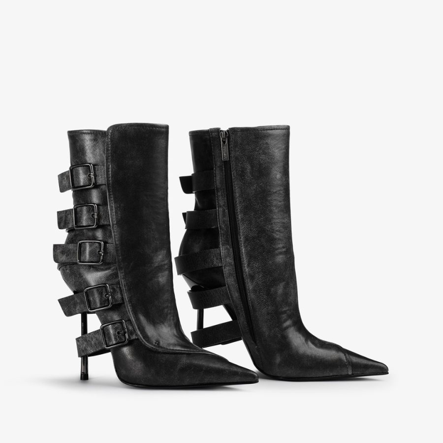 COURTNEY ANKLE BOOT 120 mm-Black vintage effect leather ankle boot with buckles - Image 2