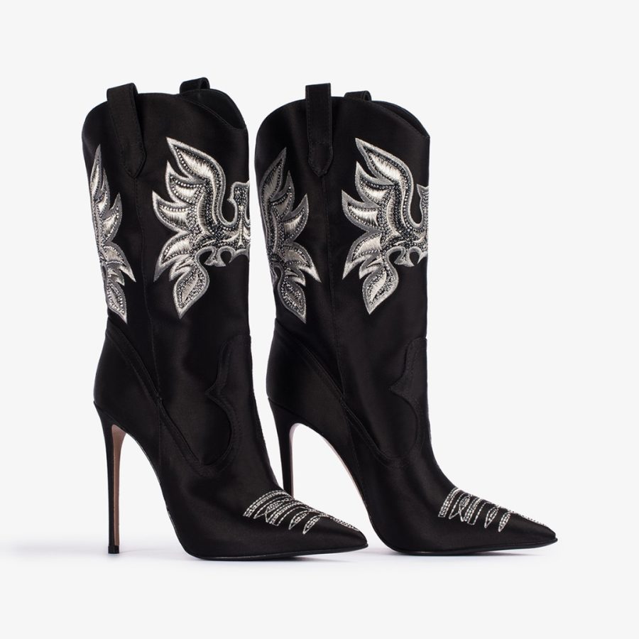 EVA COWBOY ANKLE BOOT 120 mm-Black satin Western-inspired ankle boot with Crystals - Image 2