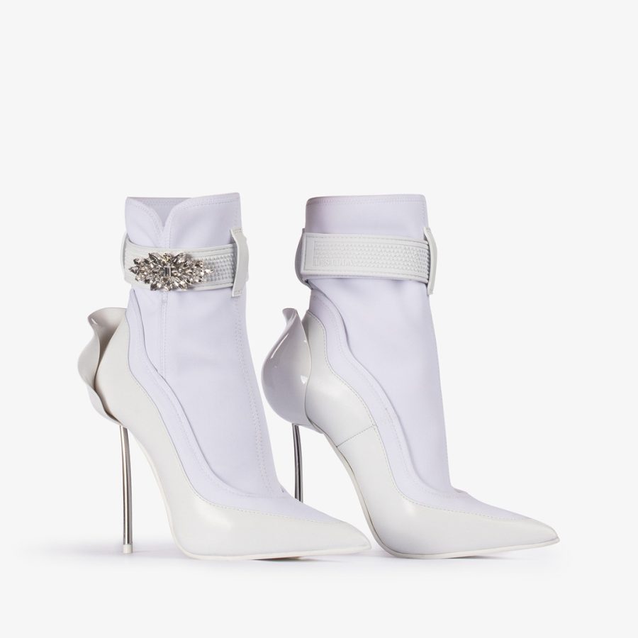 SNORKELING ANKLEBOOT 120 mm-White leather and fabric ankle boot with silver Crystals - Image 2