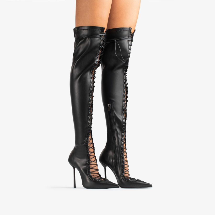 COLETTE THIGH-HIGH BOOT 120 mm-Black stretch vegan leather lace-up over-the-knee boot - Image 2