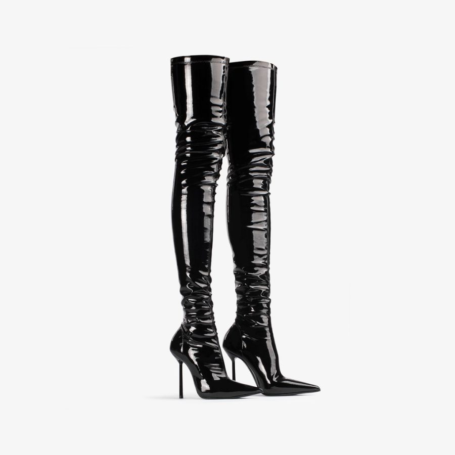 BELLA THIGH-HIGH BOOT 120 mm-Black stretch vinyl over-the-knee boot - Image 2