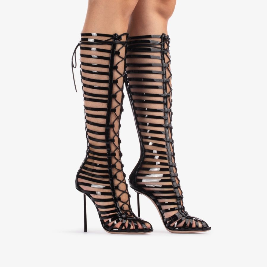 CAGE BOOT 120 mm-Black patent leather gladiator knee boot with straps - Image 2