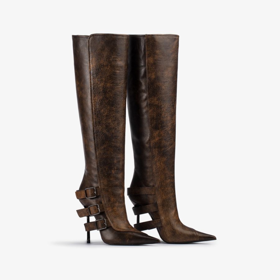 COURTNEY BOOT 120 mm-Brown vintage effect leather knee boot with buckles - Image 2