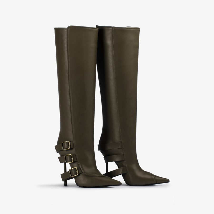 COURTNEY BOOT 120 mm-Khaki green nappa knee boot with buckles - Image 2