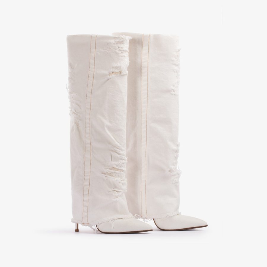 ANDY BOOT 120 mm-Distressed white denim cuffed knee boot - Image 2