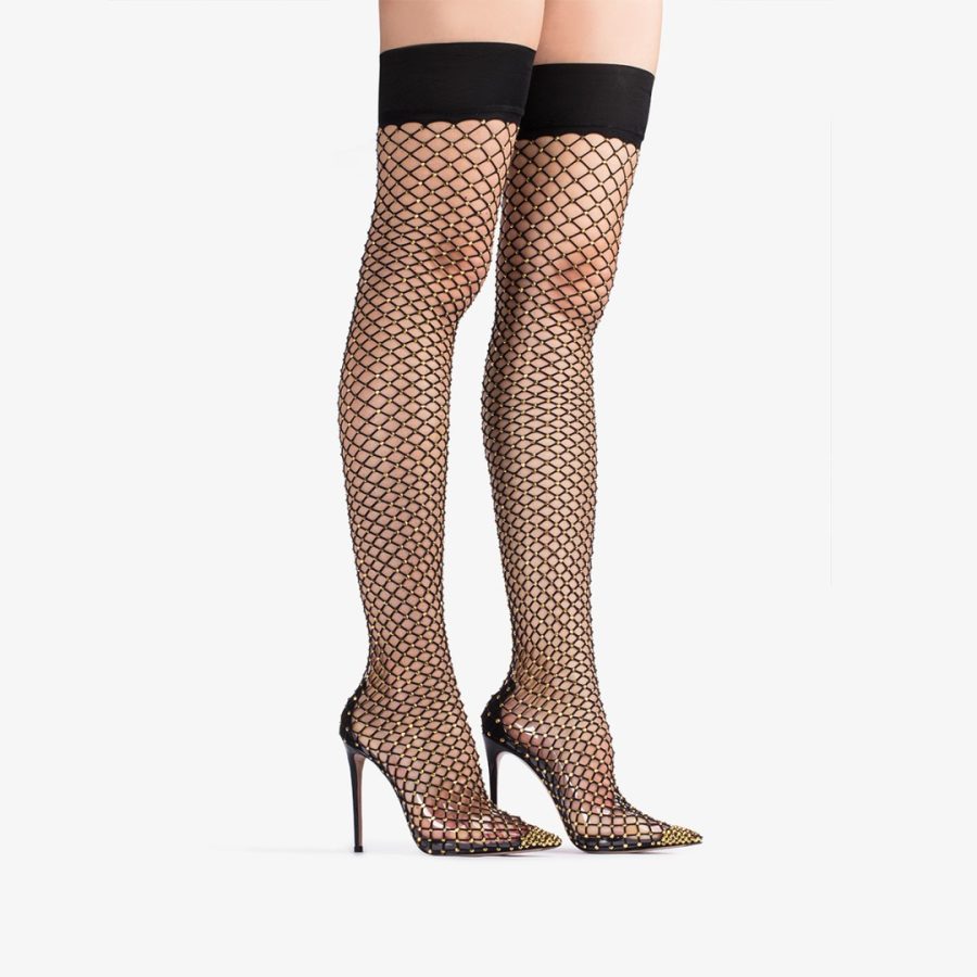 GILDA THIGH-HIGH BOOT 120 mm-Black fishnet thigh-high boot with gold Crystals - Image 2