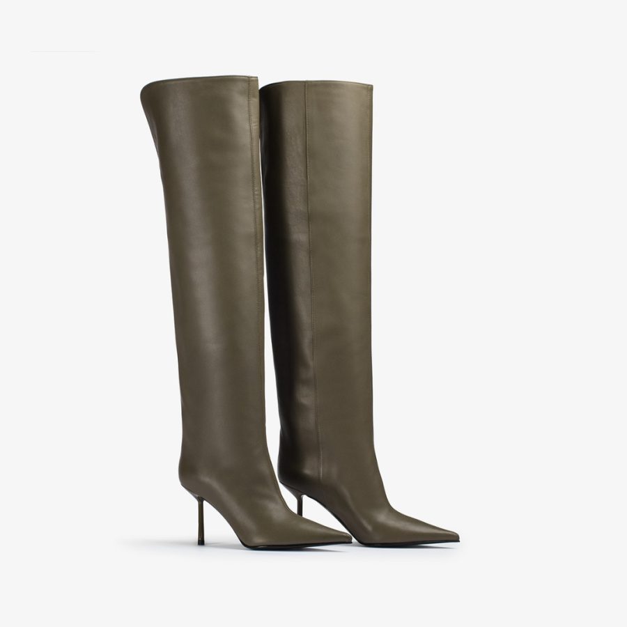 BELLA BOOT 80 mm-Khaki green nappa leather over-the-knee boot - Image 2