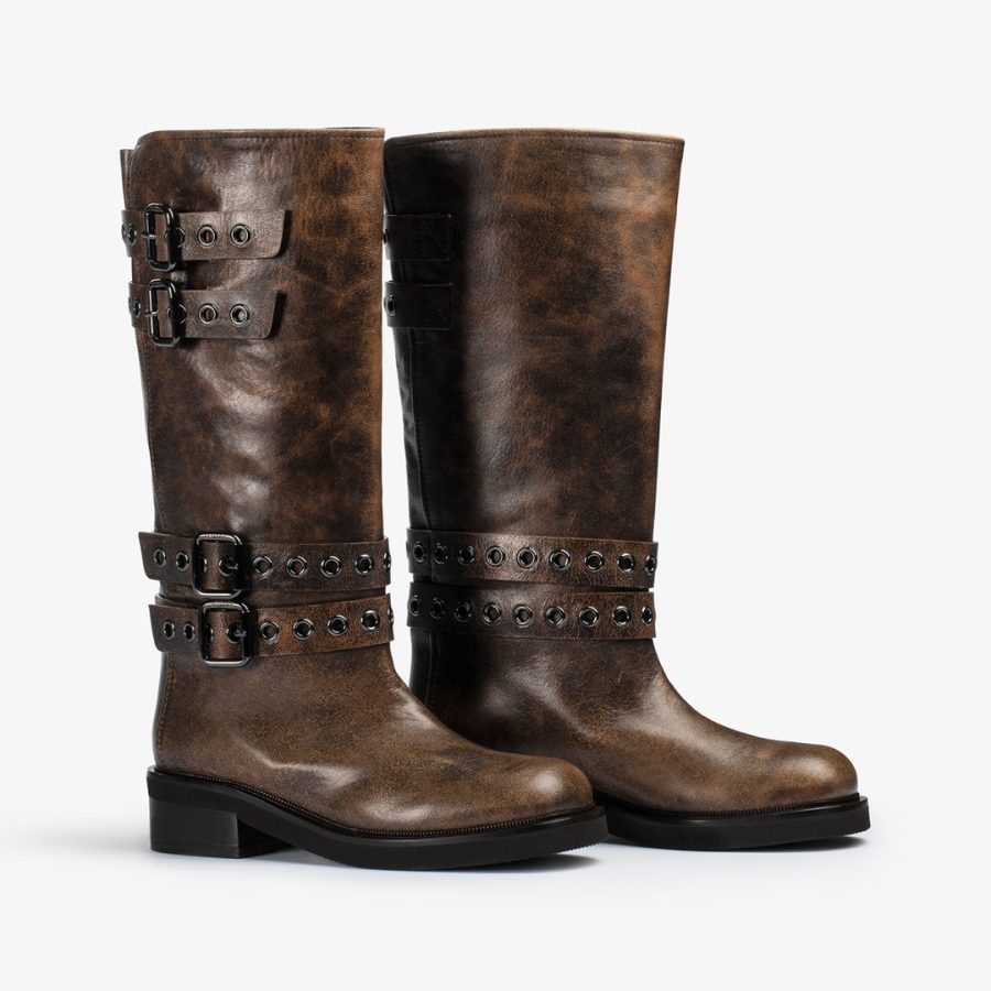 HARLEY BOOT 50 mm-Brown vintage effect leather boot with gray buckles and eyelets - Image 2