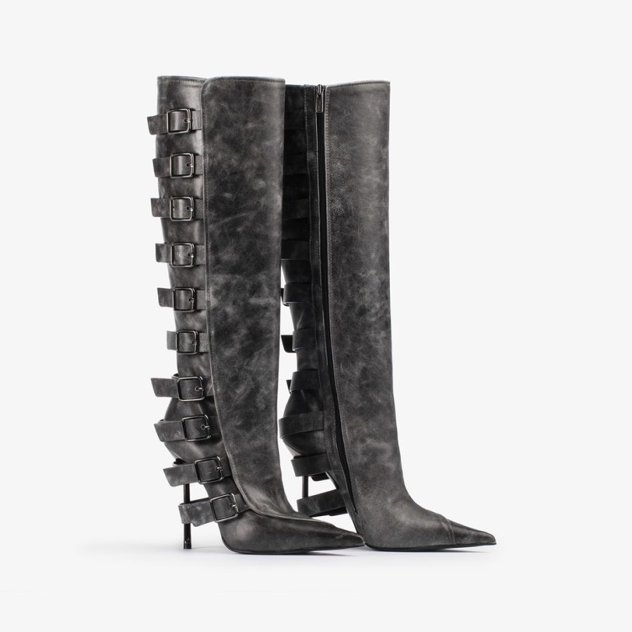 COURTNEY BOOT 120 mm-Black vintage effect leather knee boot with buckles - Image 2