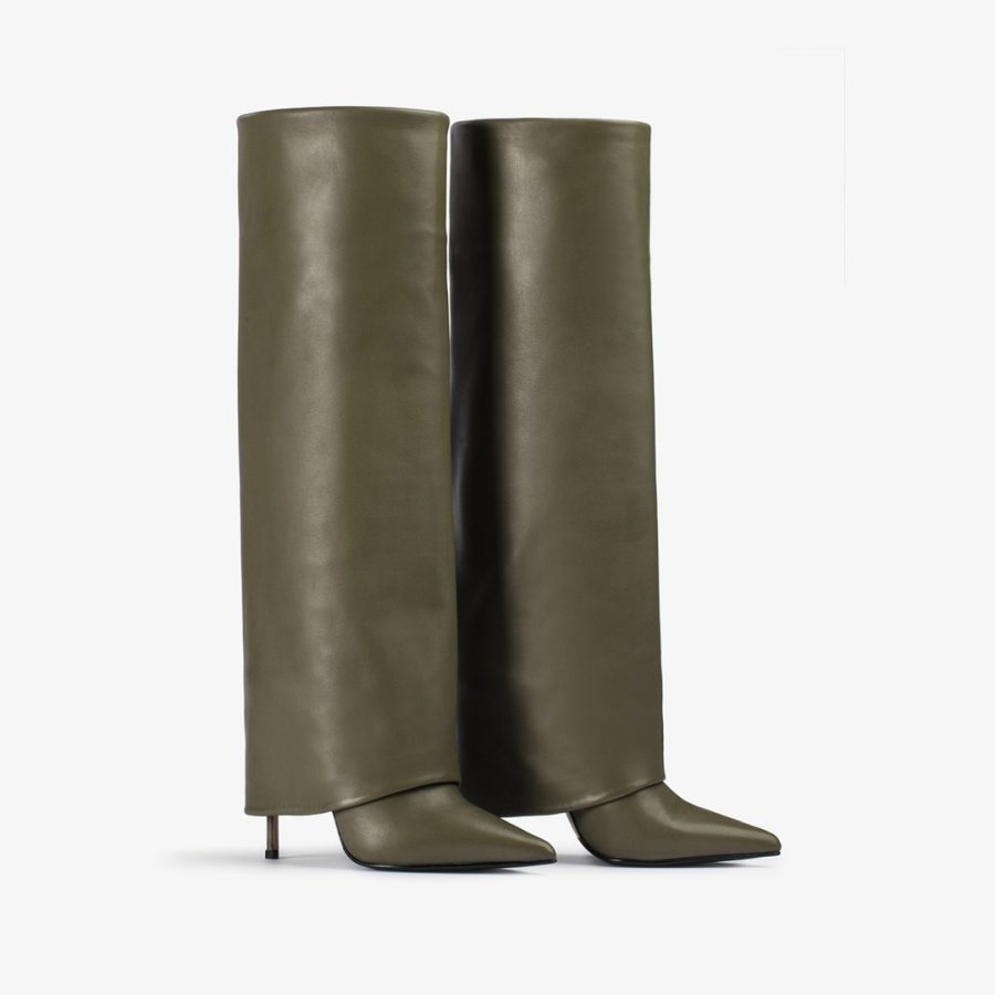 ANDY BOOT 120 mm-Khaki green nappa leather cuffed knee boot - Image 2