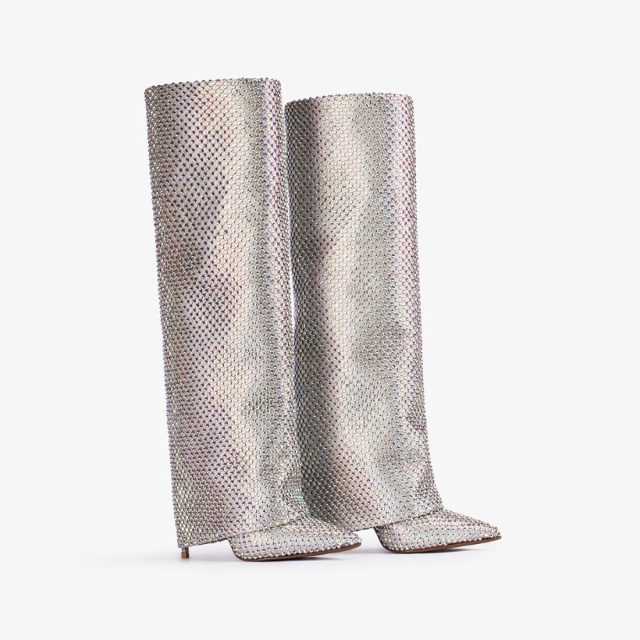 ANDY BOOT 120 mm-Eclipse silver fishnet and Crystals cuffed knee boot - Image 2