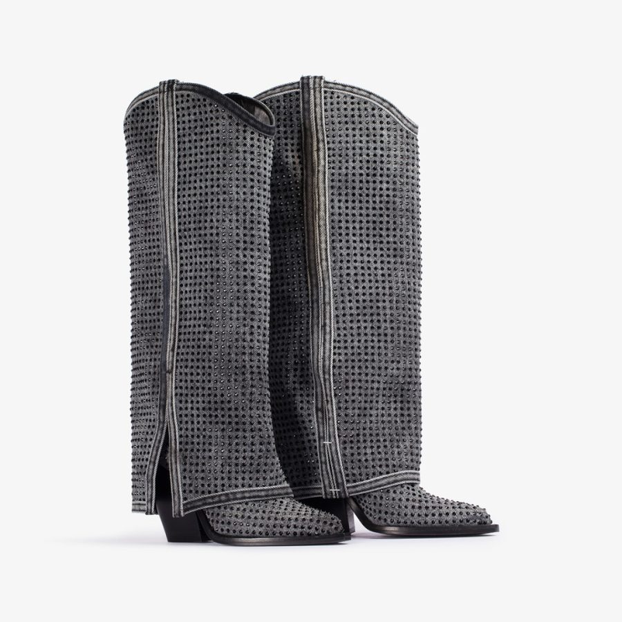 ANDY COWBOY BOOT 100 mm-Jet black denim and Crystals Western-inspired cuffed knee boot - Image 2